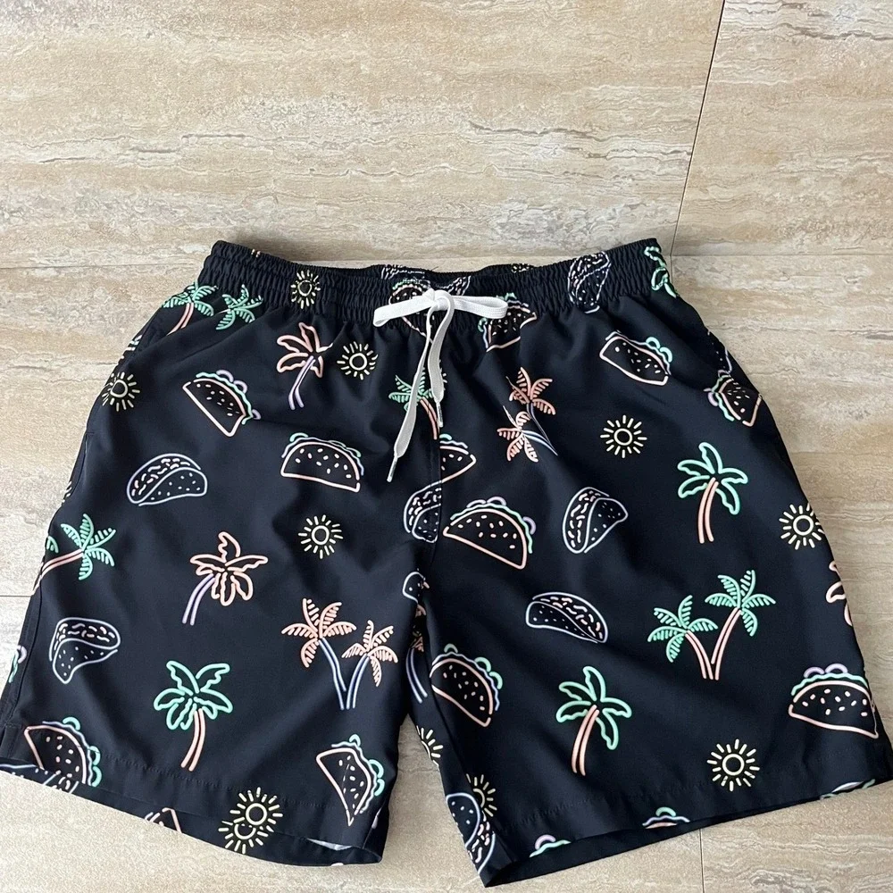 Chubbies Swim Trunks Mens XL Black Taco Palm Tree Neon Print 7